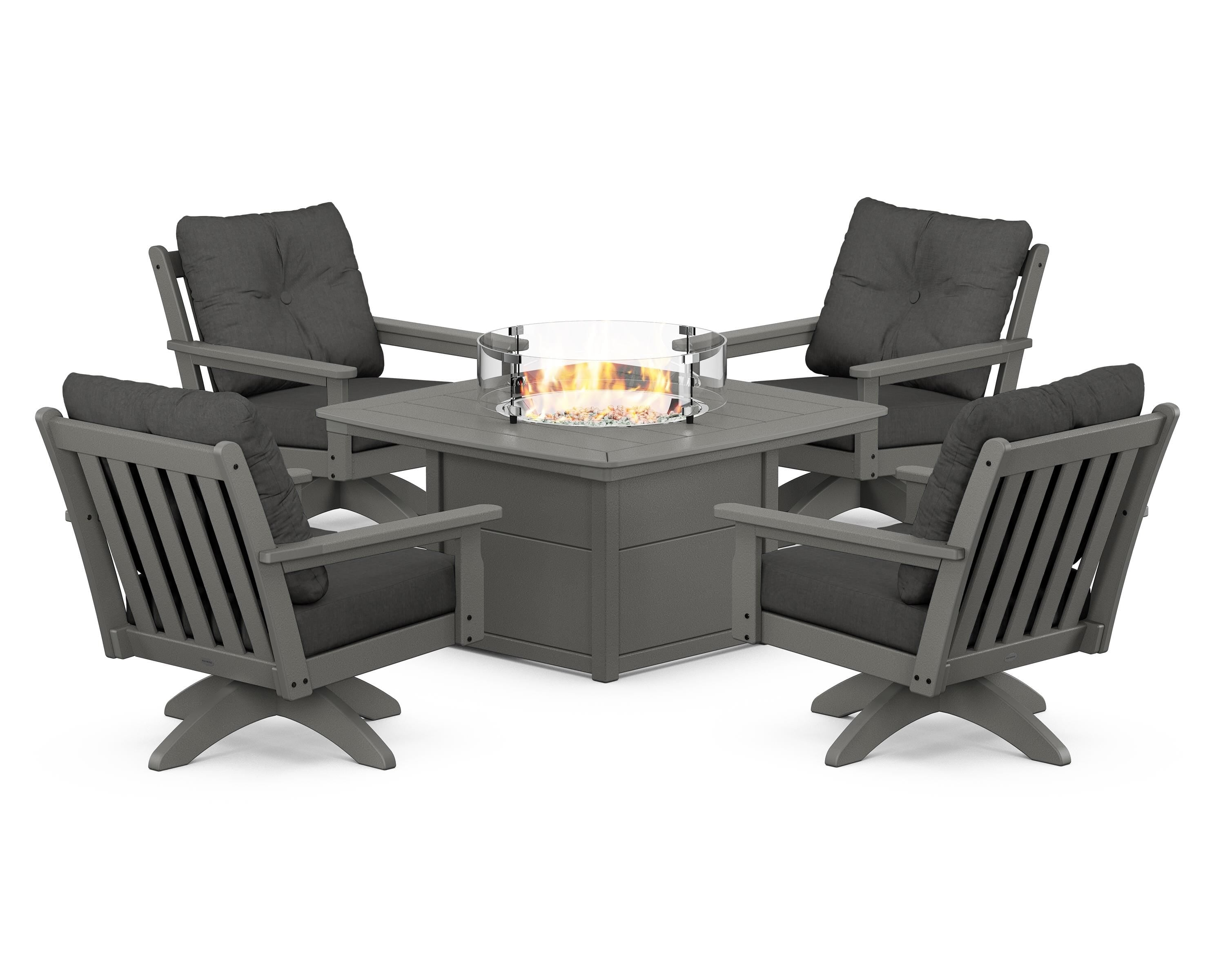 POLYWOOD® Vineyard 5-Piece Deep Seating Swivel Conversation Set with Fire Pit Table in Slate Grey / Spectrum Carbon