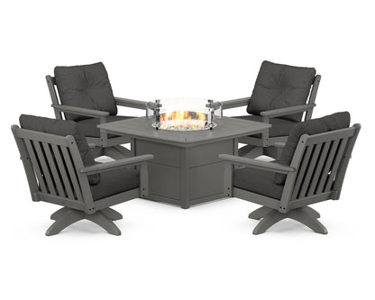 POLYWOOD® Vineyard 5-Piece Deep Seating Swivel Conversation Set with Fire Pit Table in Slate Grey / Spectrum Carbon