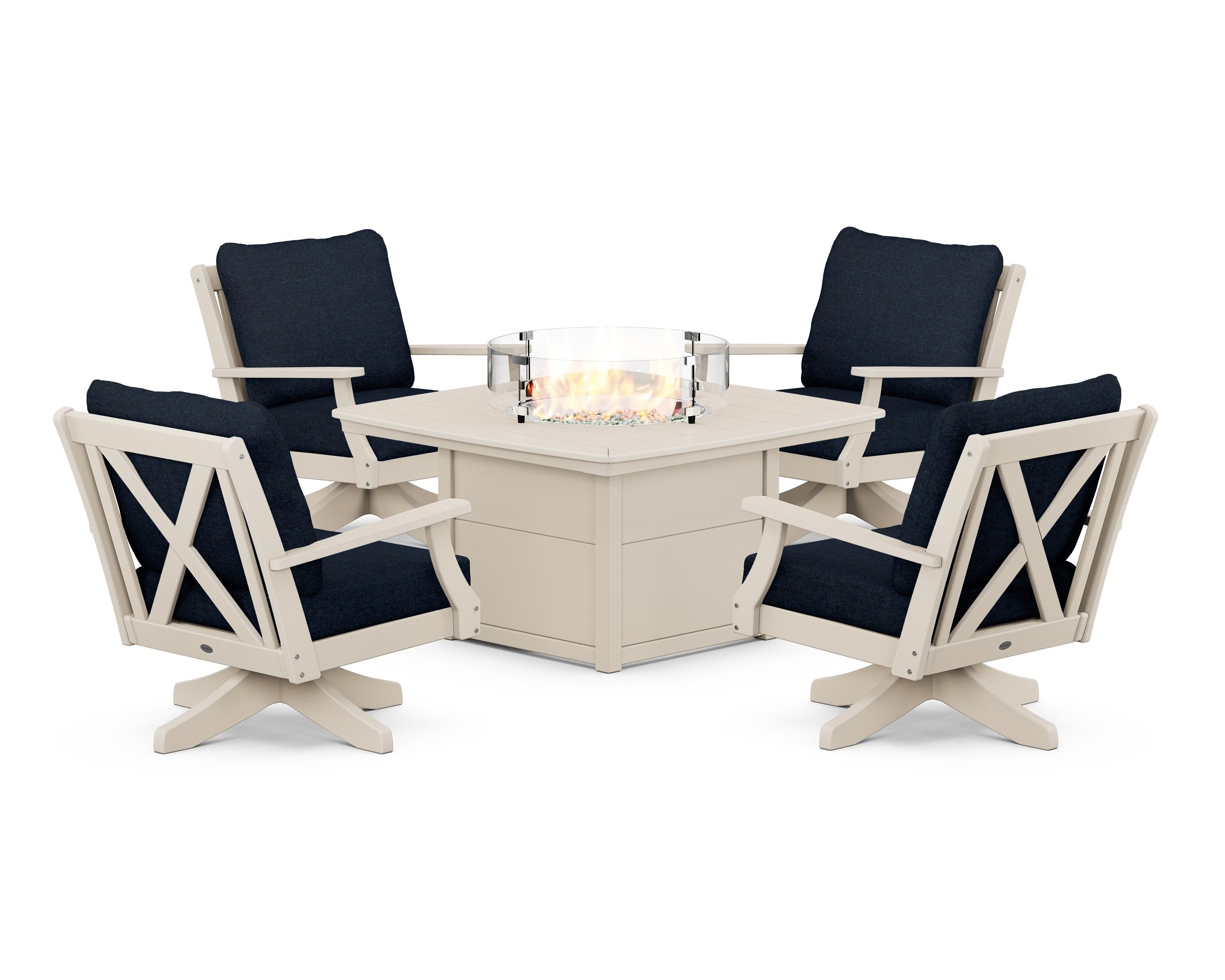 POLYWOOD® Braxton 5-Piece Deep Seating Swivel Conversation Set with Fire Pit Table in Sand / Marine Indigo