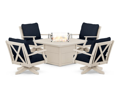POLYWOOD® Braxton 5-Piece Deep Seating Swivel Conversation Set with Fire Pit Table in Sand / Marine Indigo