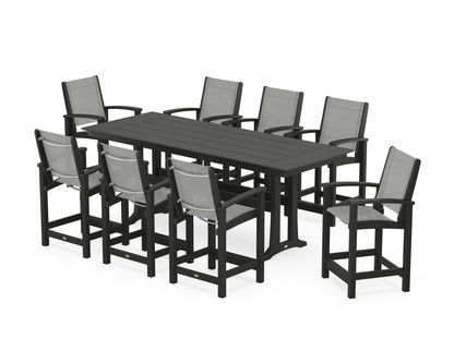 POLYWOOD® Coastal 9-Piece Farmhouse Counter Set with Trestle Legs in Black / Metallic Sling