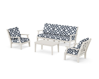 Country Living Wovendale 4-Piece Deep Seating Set with Sofa in Sand / Trellis Marine Indigo