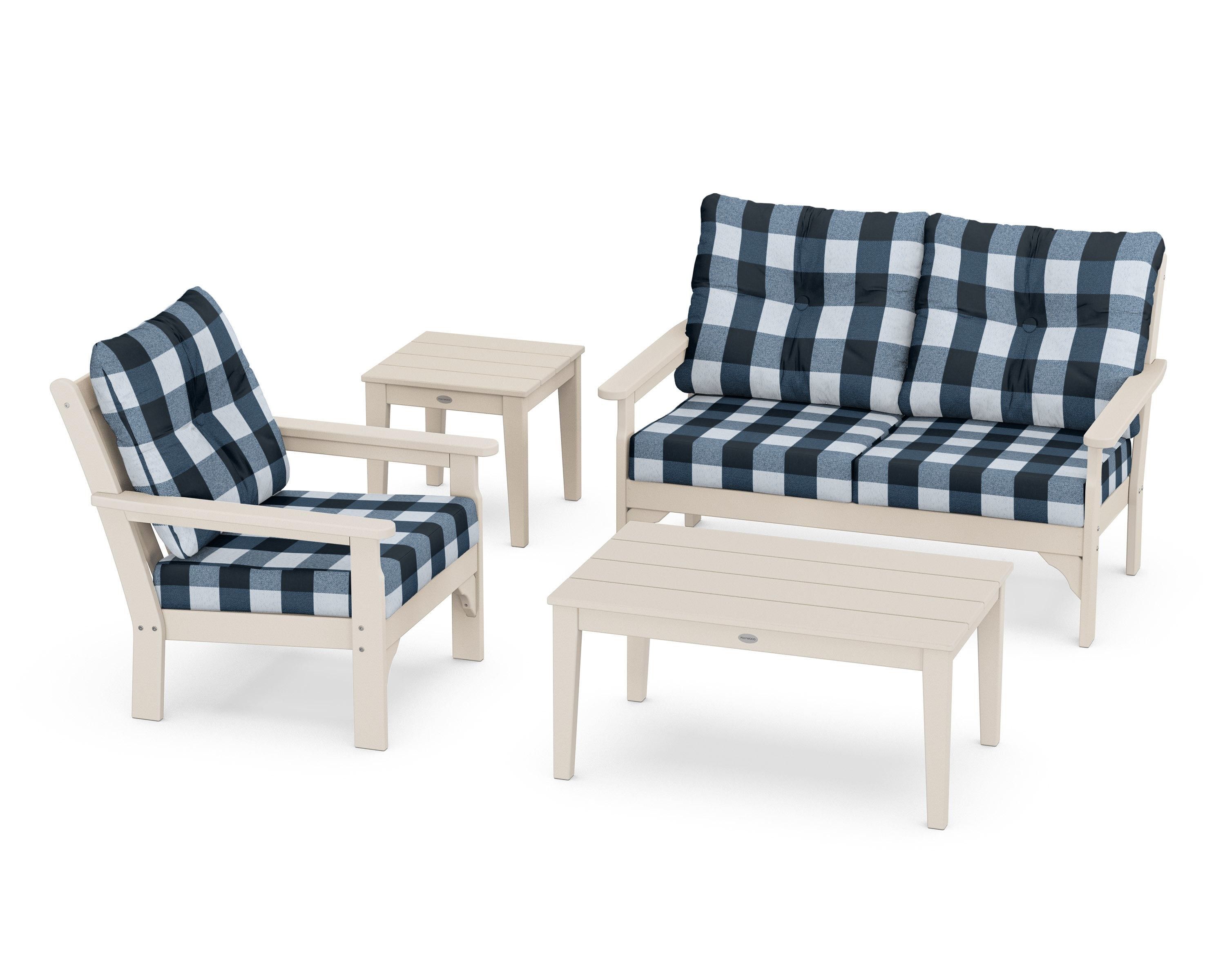 POLYWOOD® Vineyard 4-Piece Deep Seating Set in Sand / Buffalo Plaid Marine Indigo