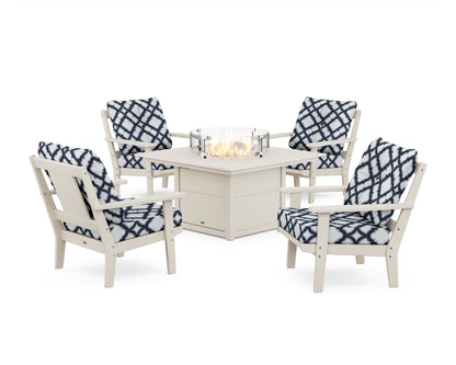 POLYWOOD® Prairie 5-Piece Deep Seating Set with Fire Pit Table in Sand / Trellis Marine Indigo