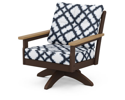 POLYWOOD® Vineyard Deep Seating Swivel Chair in Mahogany / Natural / Trellis Marine Indigo