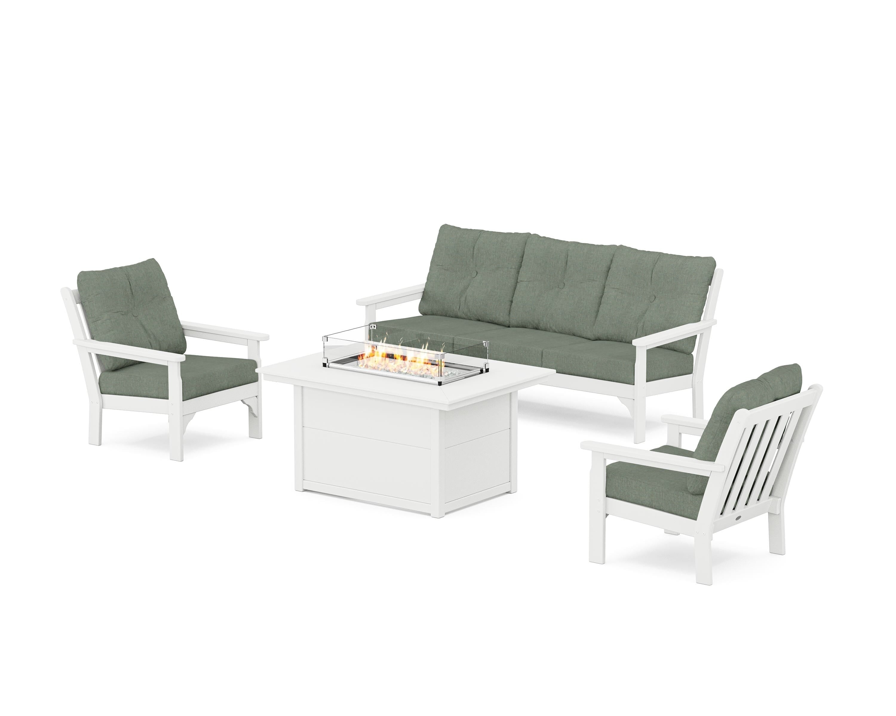 POLYWOOD® Vineyard Deep Seating Fire Pit Table Set in White / Cast Sage