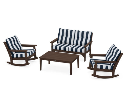 POLYWOOD® Vineyard 4-Piece Deep Seating Rocking Chair Set in Mahogany / Cabana Stripe Marine Indigo