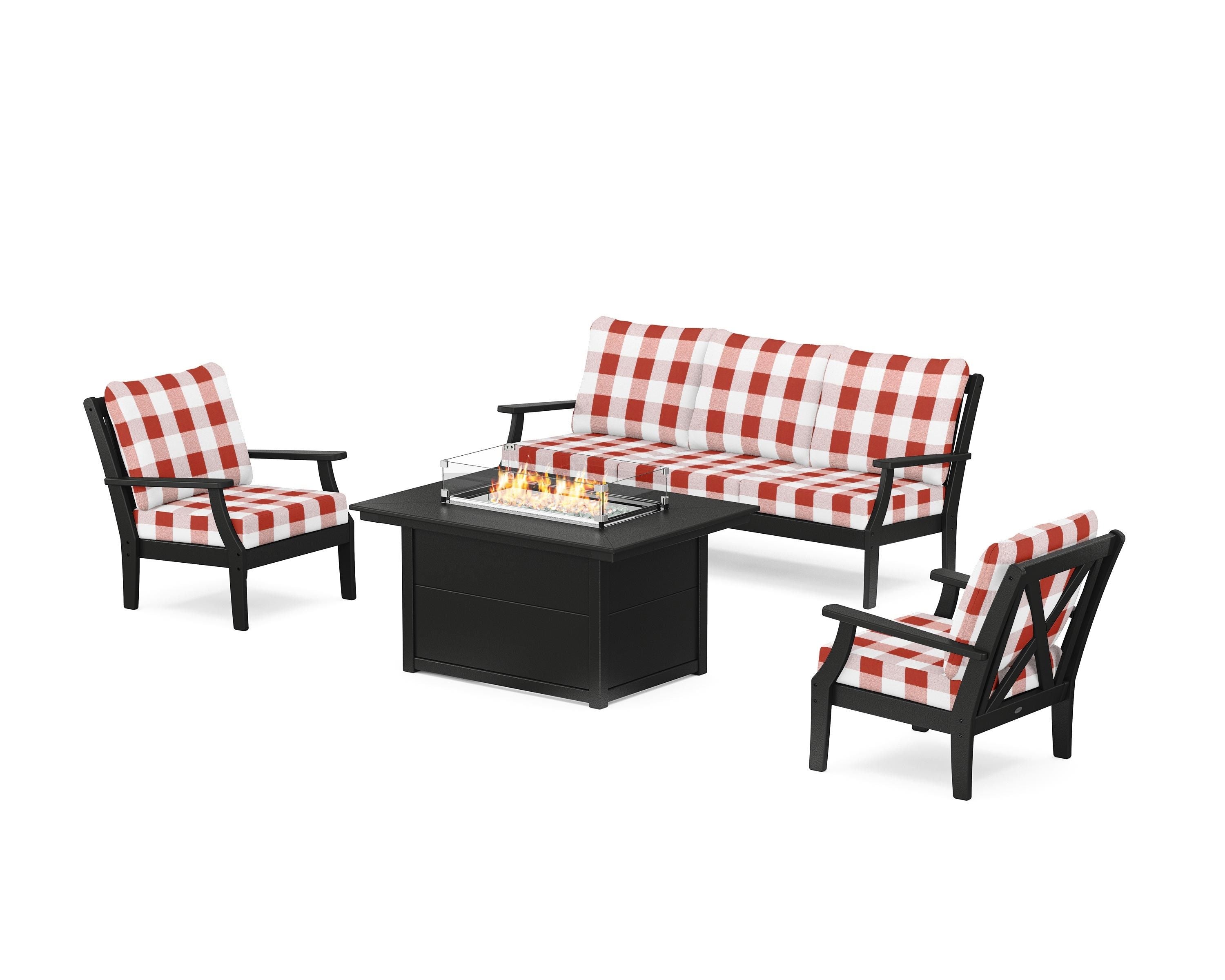 POLYWOOD® Braxton Deep Seating Fire Pit Table Set in Black / Buffalo Plaid Crimson