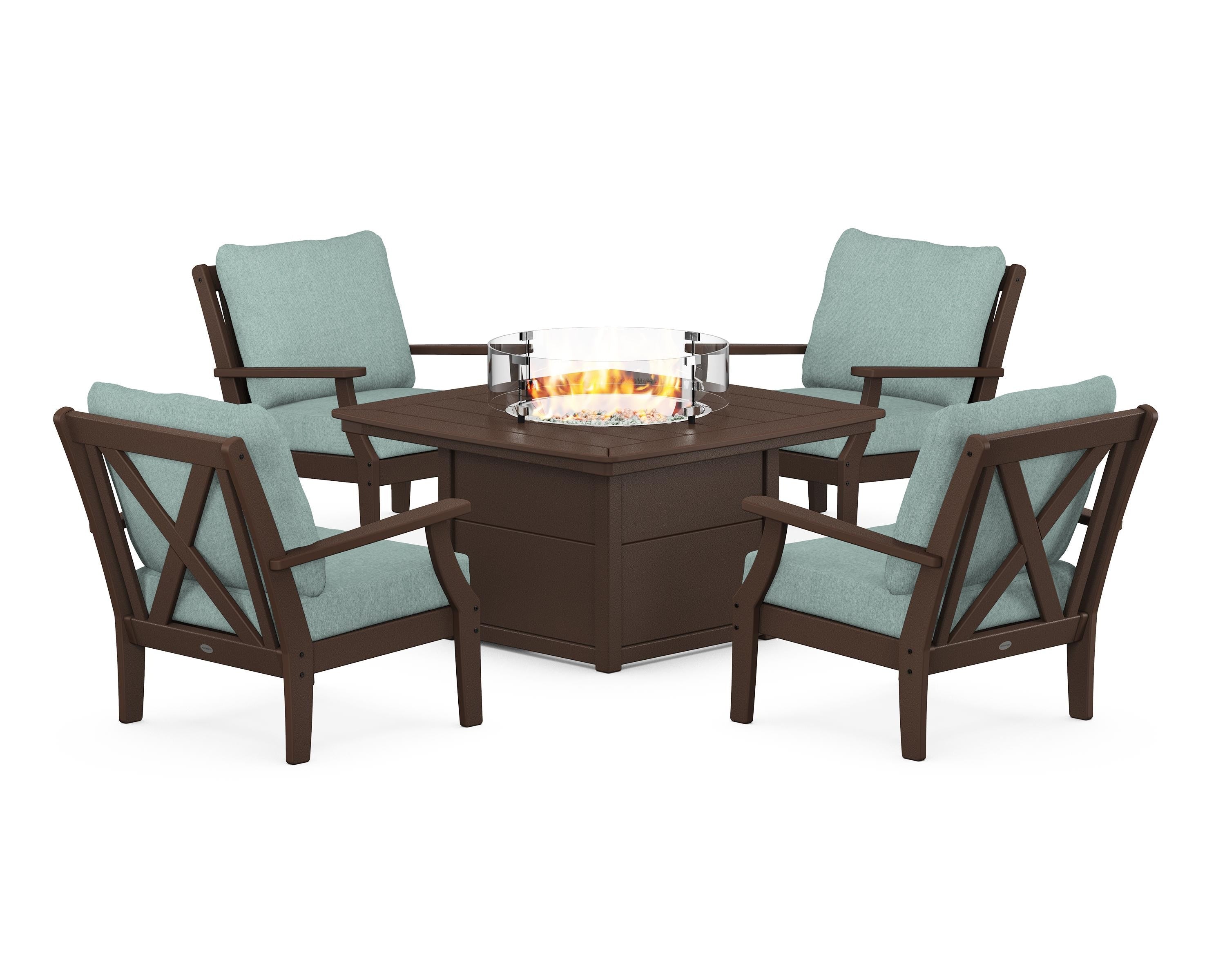 POLYWOOD® Braxton 5-Piece Deep Seating Conversation Set with Fire Pit Table in Mahogany / Glacier Spa