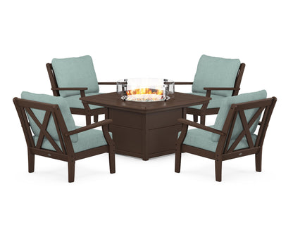 POLYWOOD® Braxton 5-Piece Deep Seating Conversation Set with Fire Pit Table in Mahogany / Glacier Spa