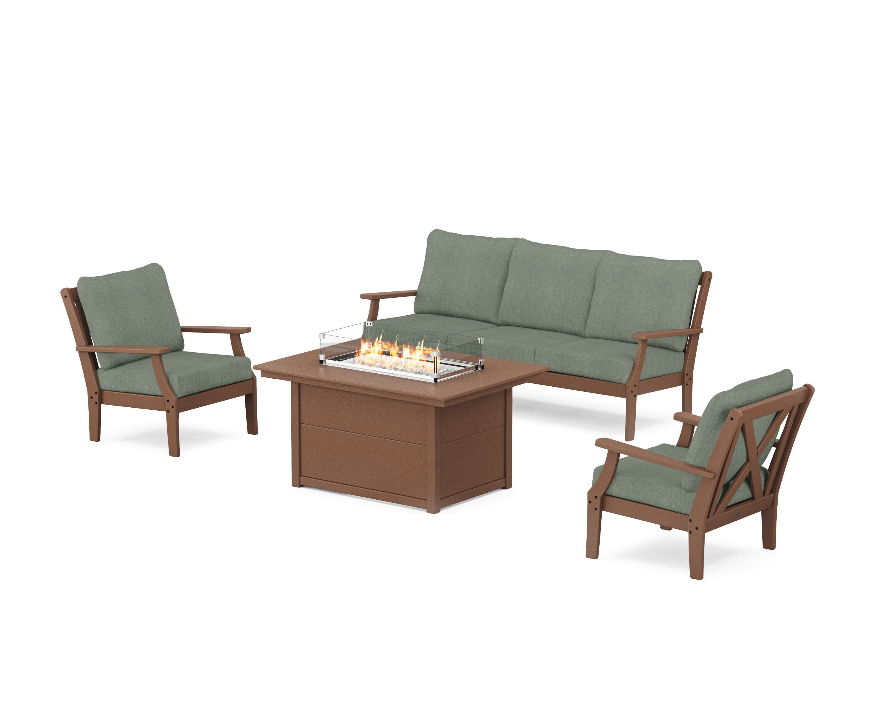 POLYWOOD® Braxton Deep Seating Fire Pit Table Set in Teak / Cast Sage