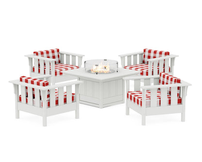 Martha Stewart by POLYWOOD® Acadia 5-Piece Deep Seating Set with Fire Pit Table in White / Buffalo Plaid Crimson