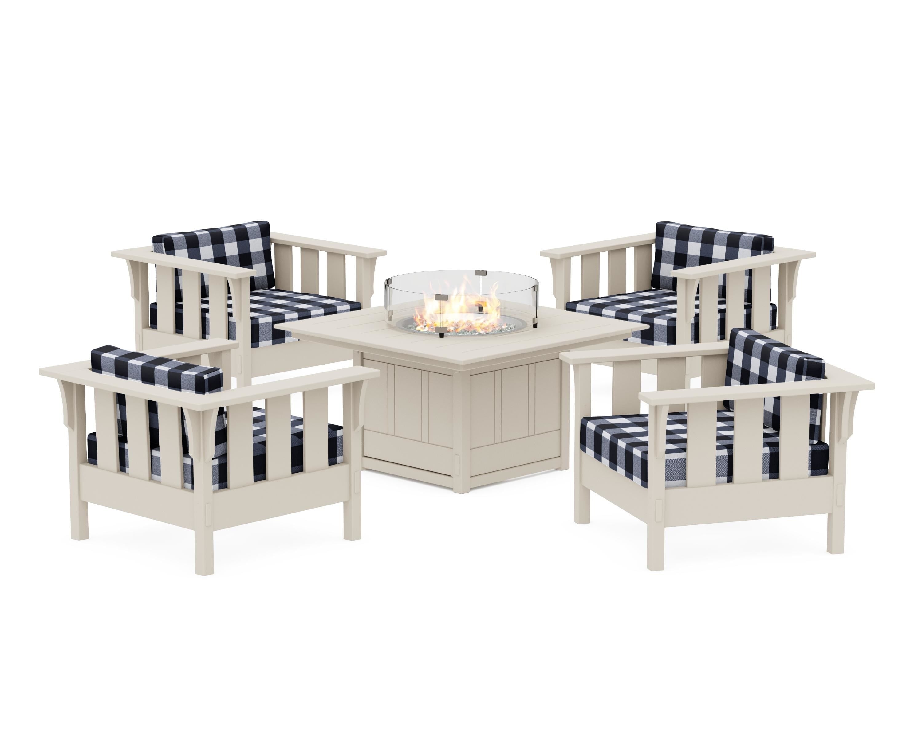Martha Stewart by POLYWOOD® Acadia 5-Piece Deep Seating Set with Fire Pit Table in Sand / Buffalo Plaid Marine Indigo