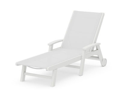 POLYWOOD® Coastal Chaise with Wheels in White / White Sling