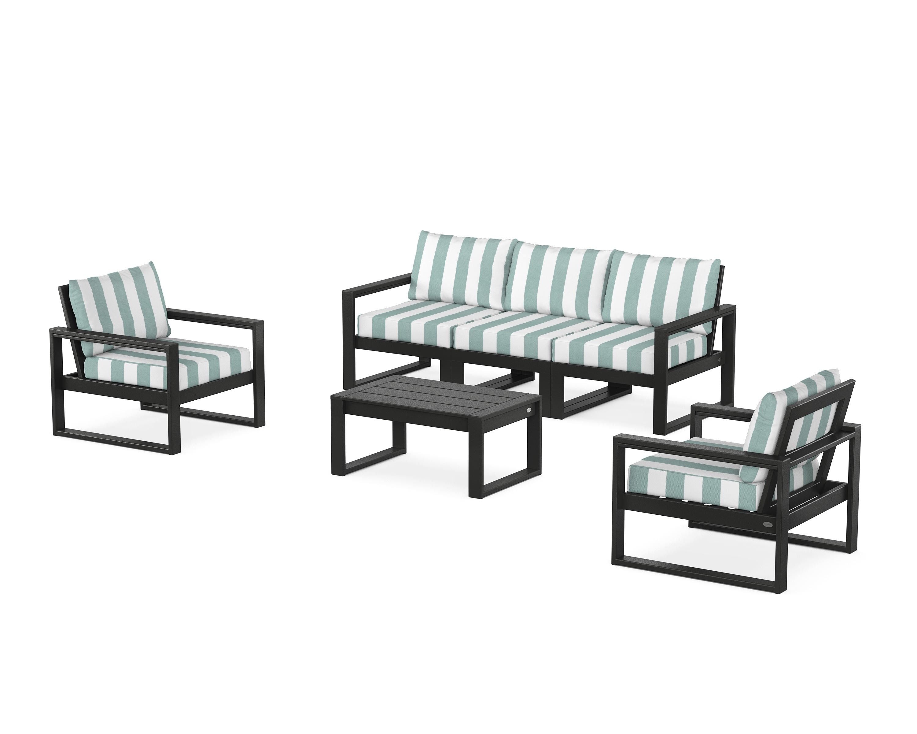 POLYWOOD® EDGE Sectional 4-Piece Deep Seating Set with Sofa in Black / Cabana Stripe Glacier Spa