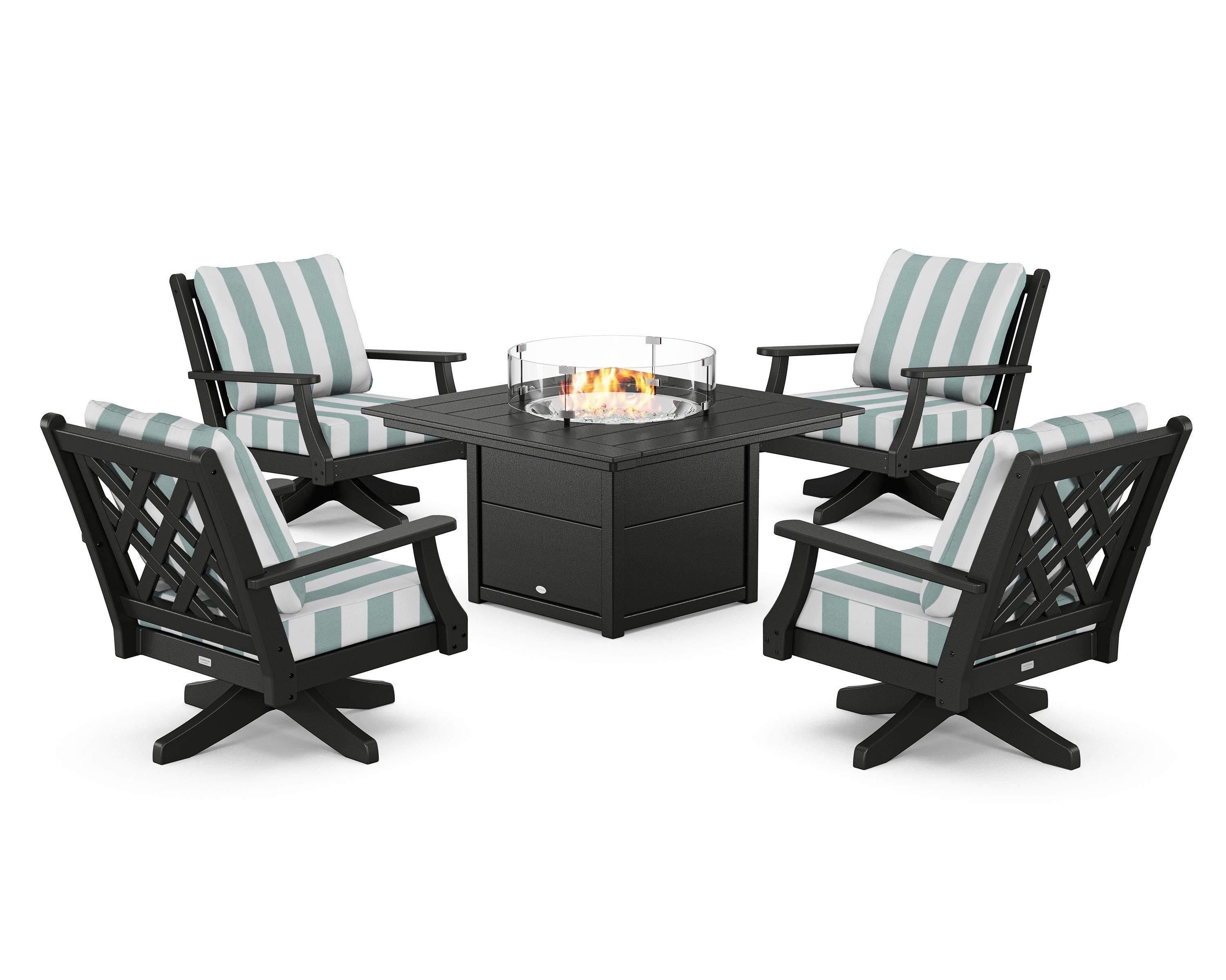 Country Living Wovendale 5-Piece Deep Seating Swivel Conversation Set with Fire Pit Table in Black / Cabana Stripe Glacier Spa