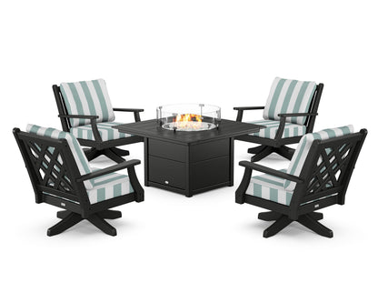 Country Living Wovendale 5-Piece Deep Seating Swivel Conversation Set with Fire Pit Table in Black / Cabana Stripe Glacier Spa