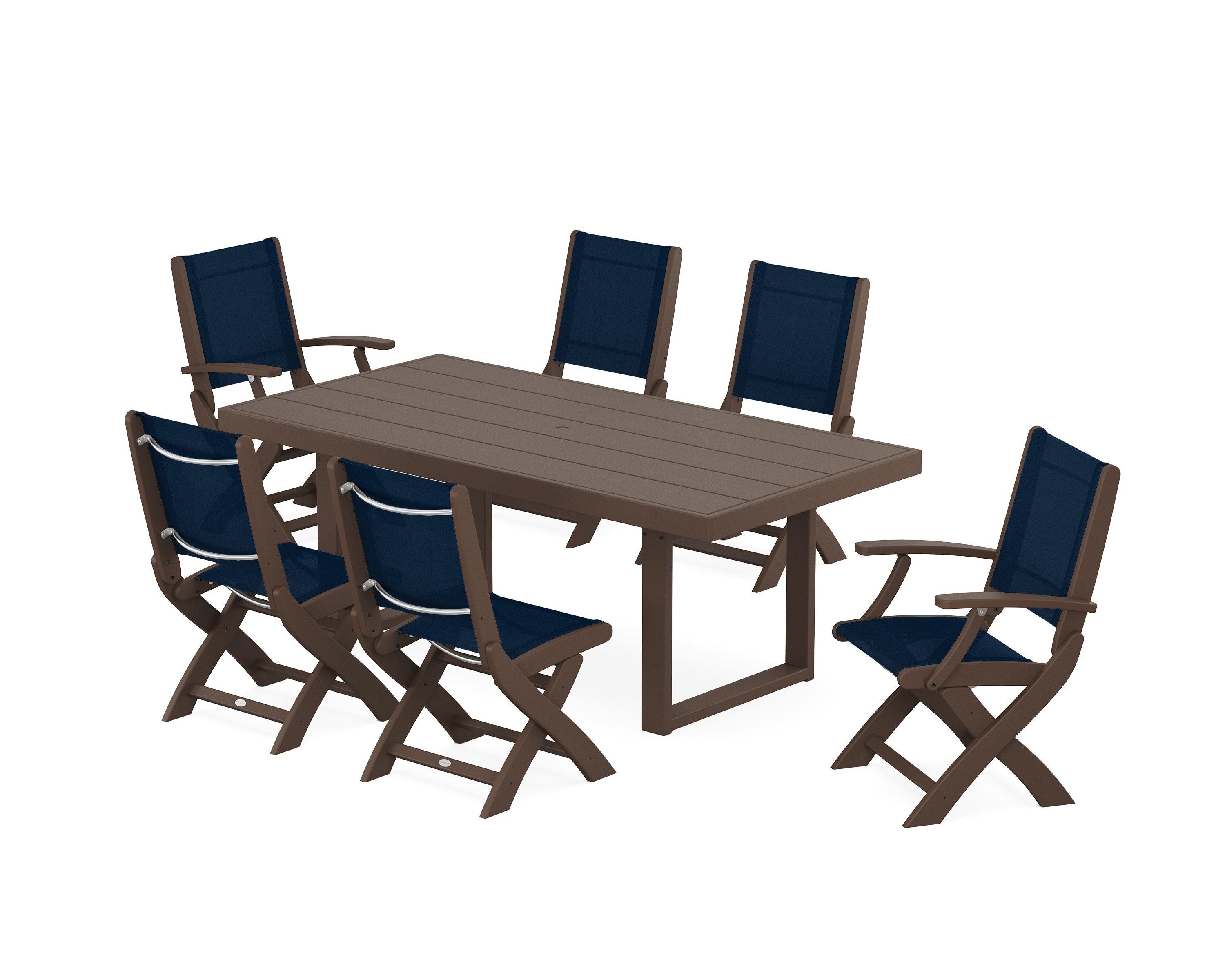 POLYWOOD® Coastal Folding Chair 7-Piece Dining Set with Trestle Legs in Mahogany / Navy Blue Sling