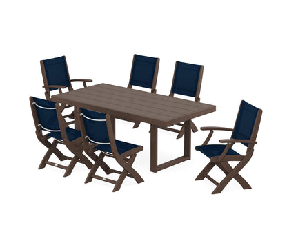 POLYWOOD® Coastal Folding Chair 7-Piece Dining Set with Trestle Legs in Mahogany / Navy Blue Sling