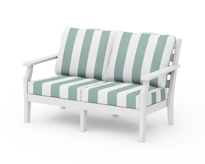 Draper James™ by  POLYWOOD® Savannah Deep Seating Loveseat in White / Cabana Stripe Glacier Spa
