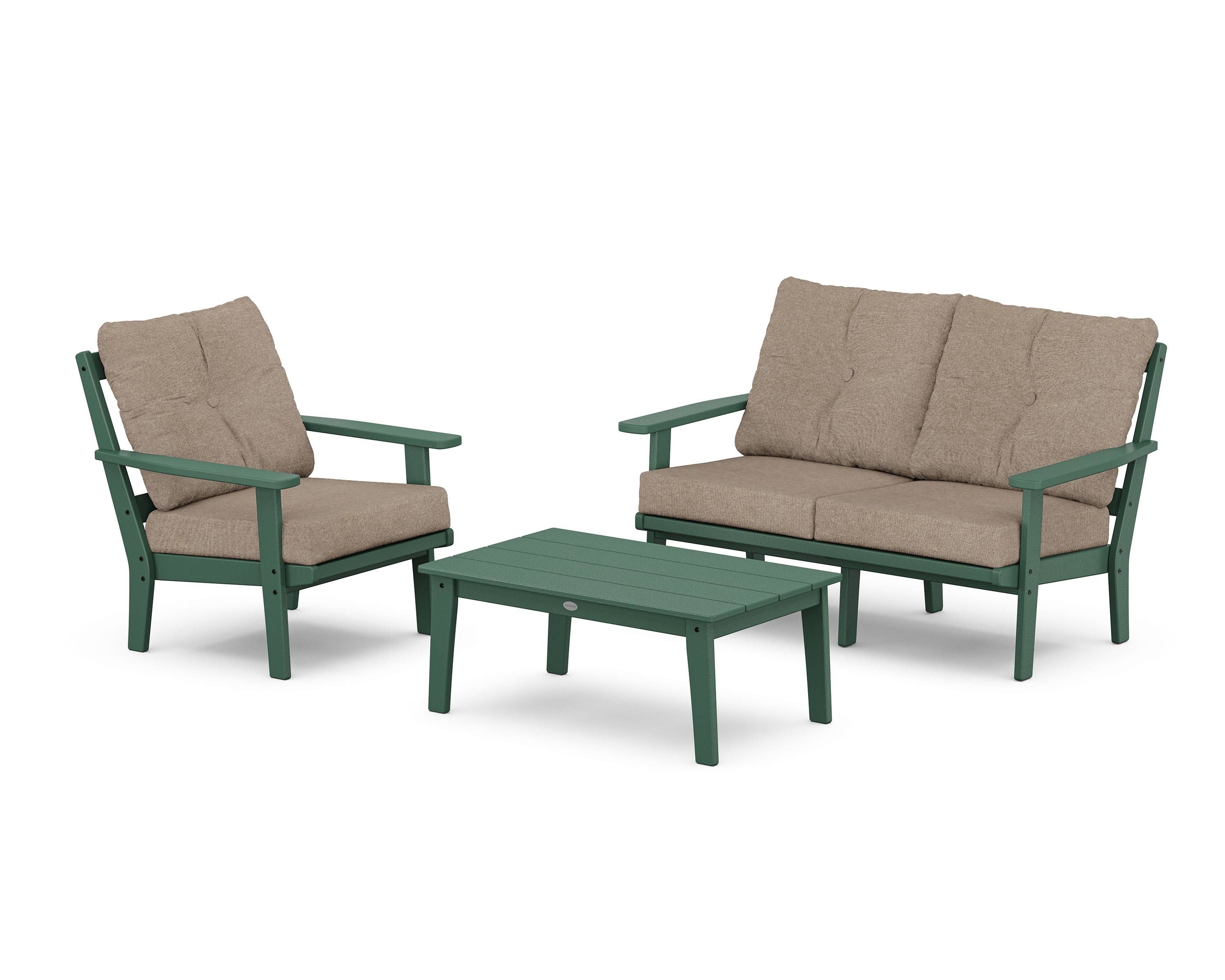 POLYWOOD® Oxford 3-Piece Deep Seating Set with Loveseat in Green / Spiced Burlap