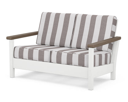POLYWOOD® Harbour Deep Seating Loveseat in White / Kona / Cabana Stripe Grey Mist