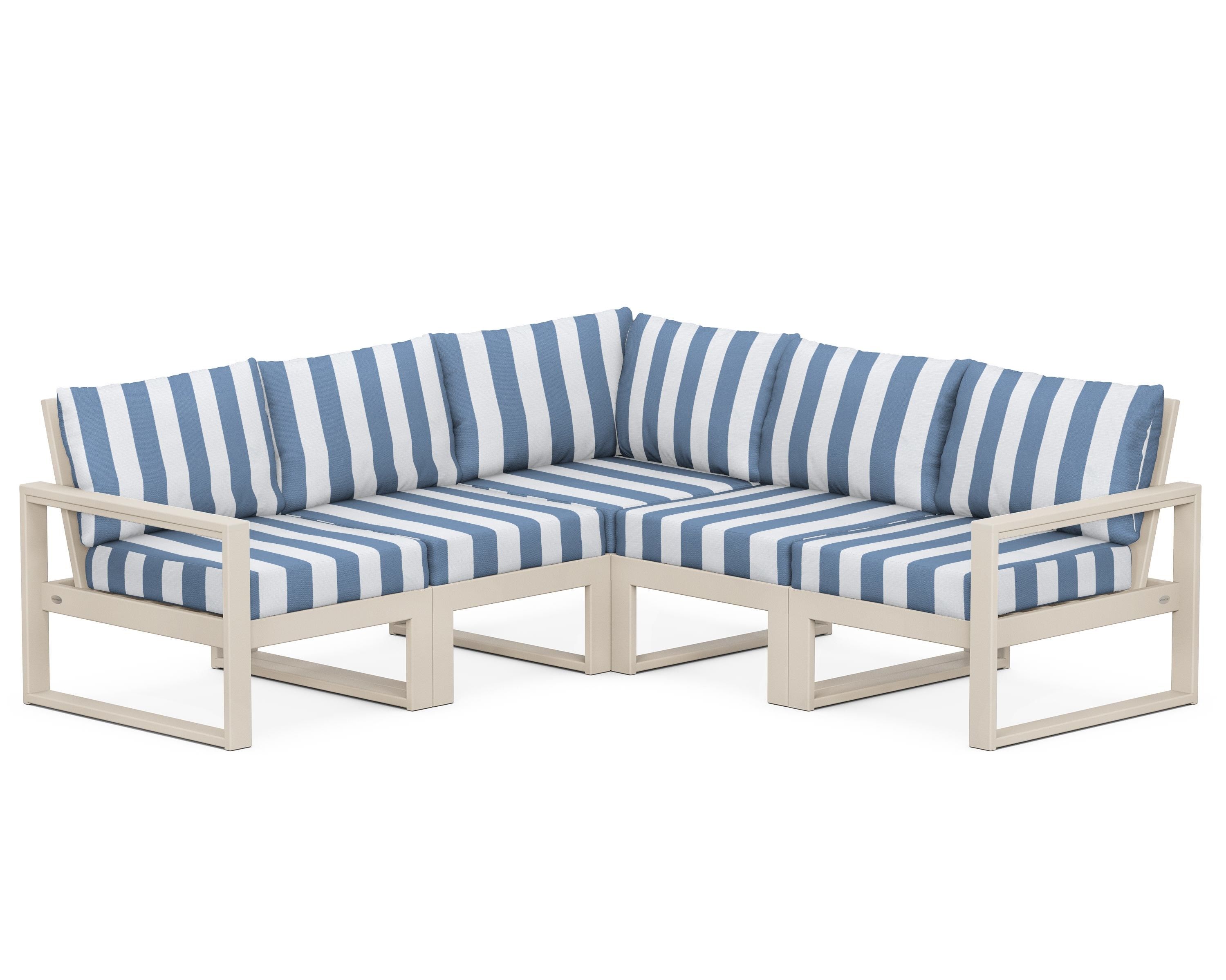 POLYWOOD® EDGE 5-Piece Modular Deep Seating Set in Sand / Cabana Stripe Sky Blue