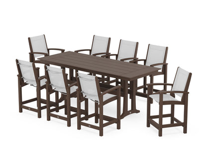 POLYWOOD® Coastal 9-Piece Farmhouse Counter Set with Trestle Legs in Mahogany / White Sling