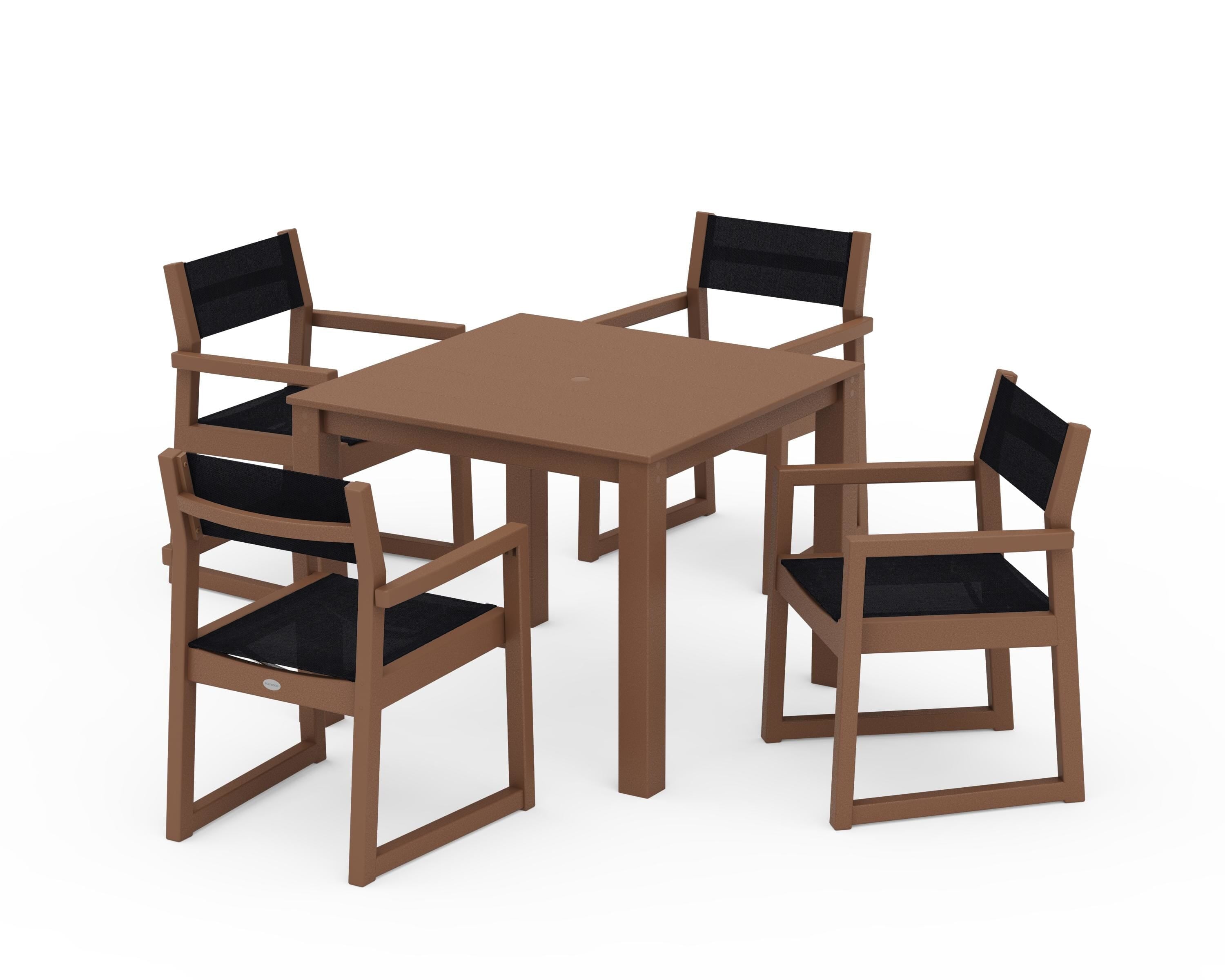 POLYWOOD® EDGE Sling Arm Chair 5-Piece Parsons Dining Set in Teak / Black Sling