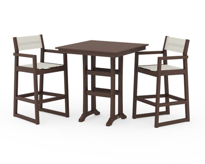 POLYWOOD® EDGE Sling Arm Chair 3-Piece Farmhouse Bar Set with Trestle Legs in Mahogany / Parchment Sling