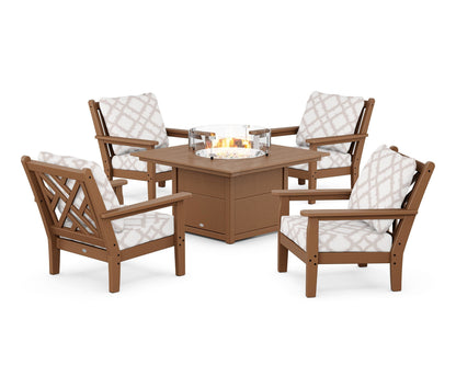 POLYWOOD® Chippendale 5-Piece Deep Seating Set with Fire Pit Table in Teak / Trellis Dune Burlap