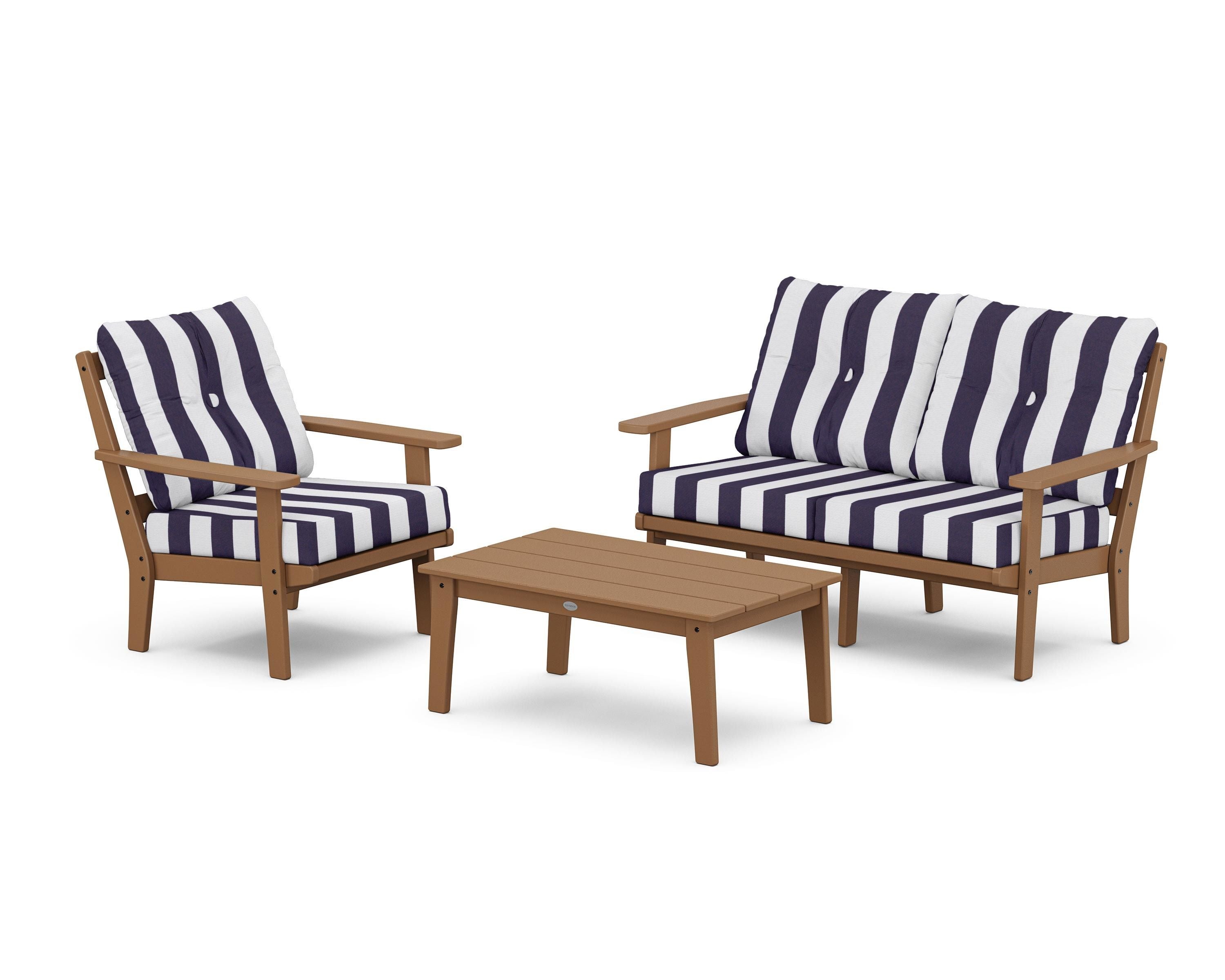 POLYWOOD® Prairie 3-Piece Deep Seating Set with Loveseat in Teak / Cabana Stripe Navy