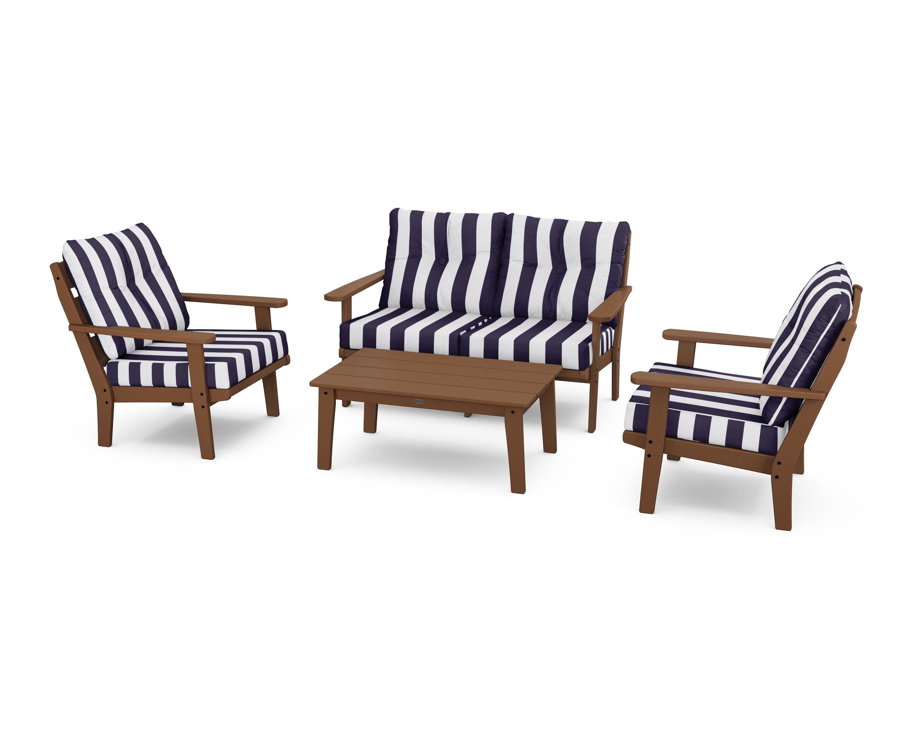 POLYWOOD® Lakeside 4-Piece Deep Seating Set in Teak / Cabana Stripe Navy