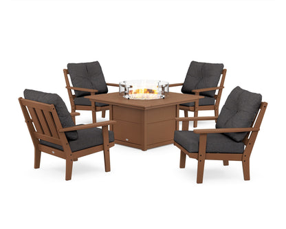 POLYWOOD® Oxford 5-Piece Deep Seating Set with Fire Pit Table in Teak / Ash Charcoal