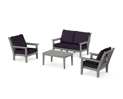 POLYWOOD® Chippendale 4-Piece Deep Seating Set with Loveseat in Slate Grey / Navy Linen