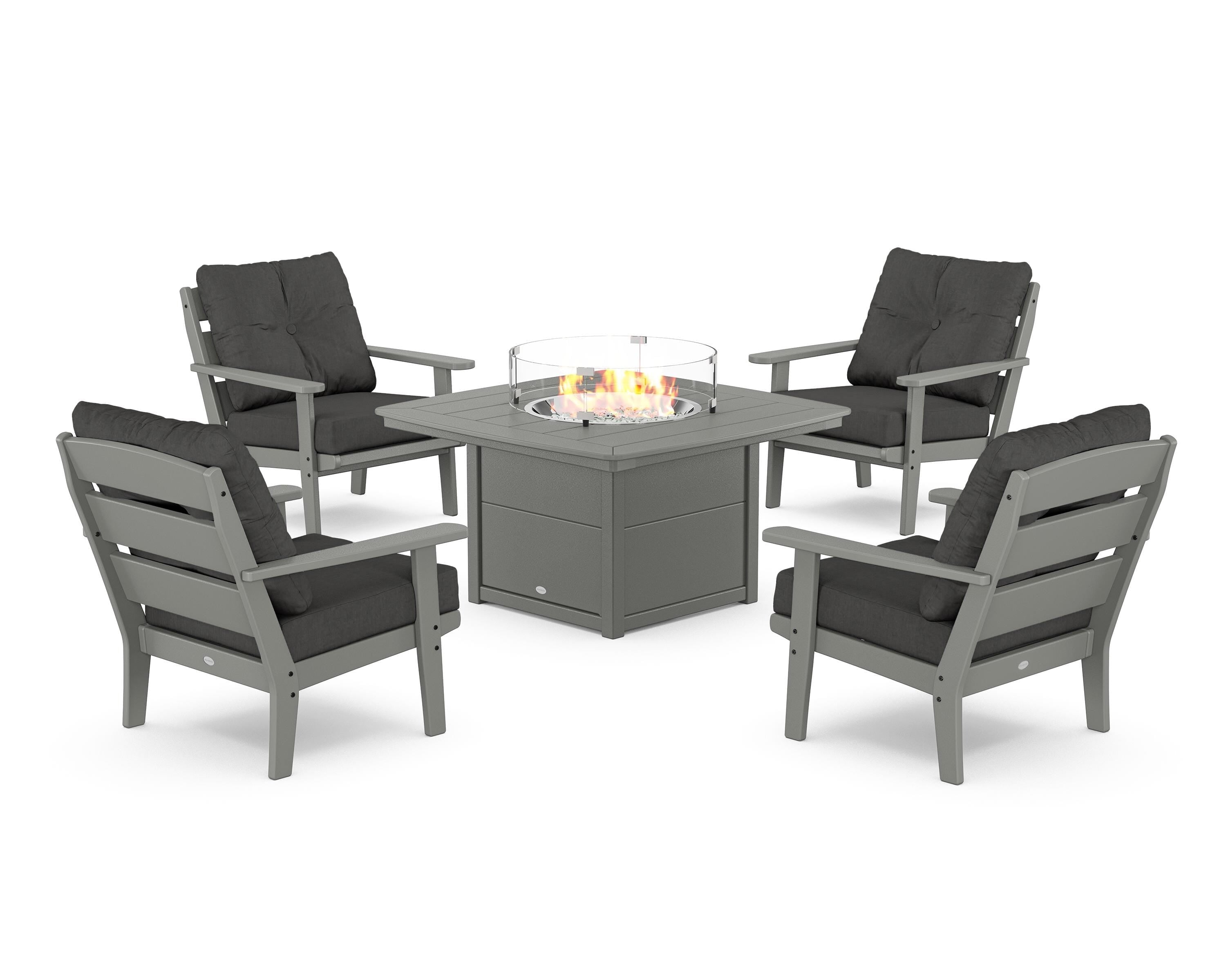 POLYWOOD® Lakeside 5-Piece Deep Seating Set with Nautical Fire Pit Table in Slate Grey / Spectrum Carbon