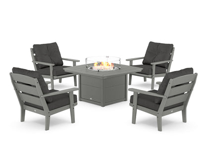 POLYWOOD® Lakeside 5-Piece Deep Seating Set with Nautical Fire Pit Table in Slate Grey / Spectrum Carbon