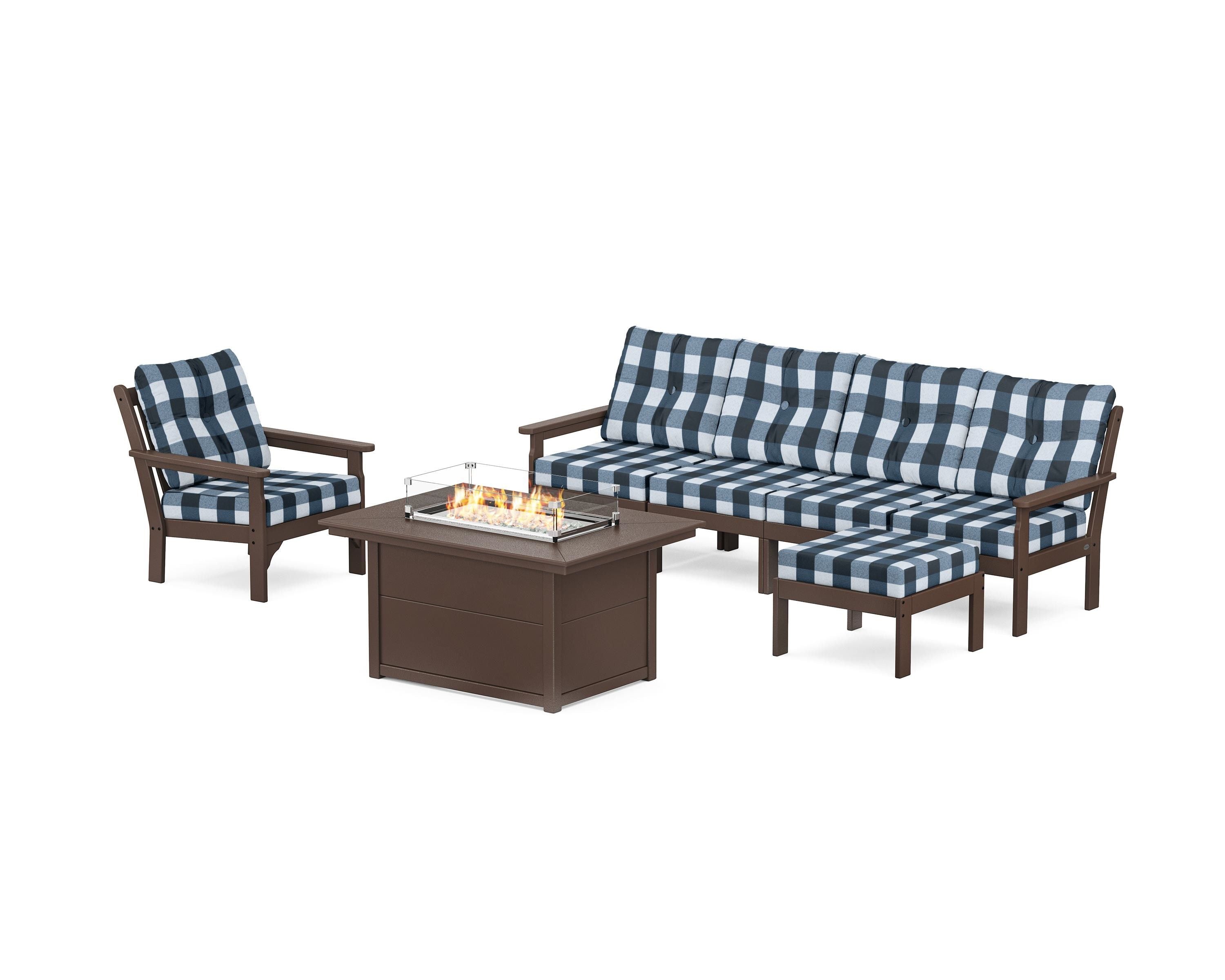 POLYWOOD® Vineyard Sectional Lounge and Fire Pit Set in Mahogany / Buffalo Plaid Marine Indigo