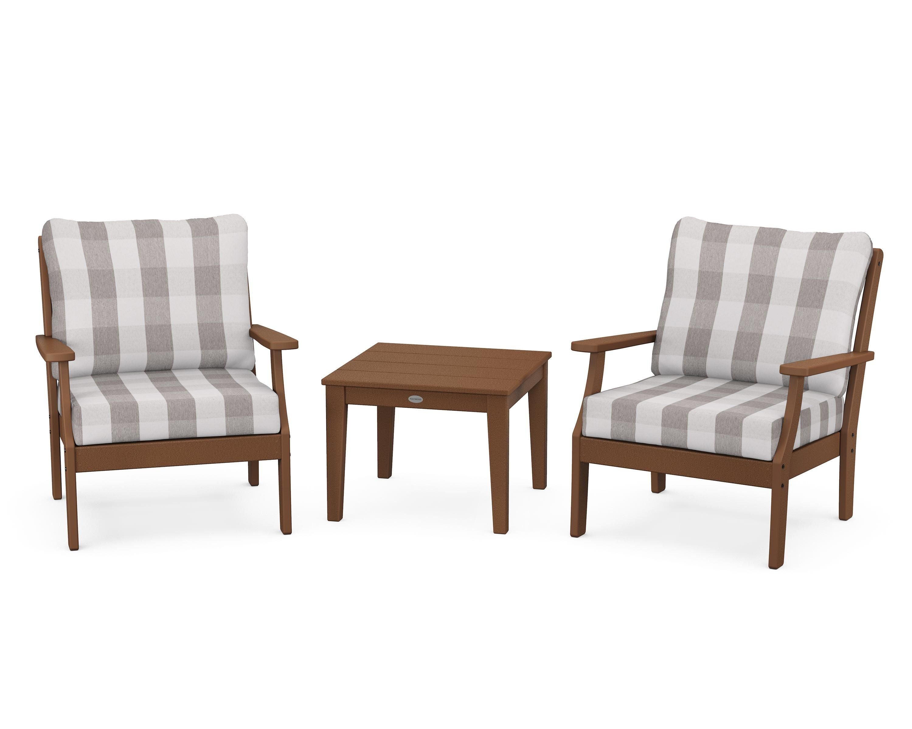 POLYWOOD® Braxton 3-Piece Deep Seating Set in Teak / Buffalo Plaid Grey Mist