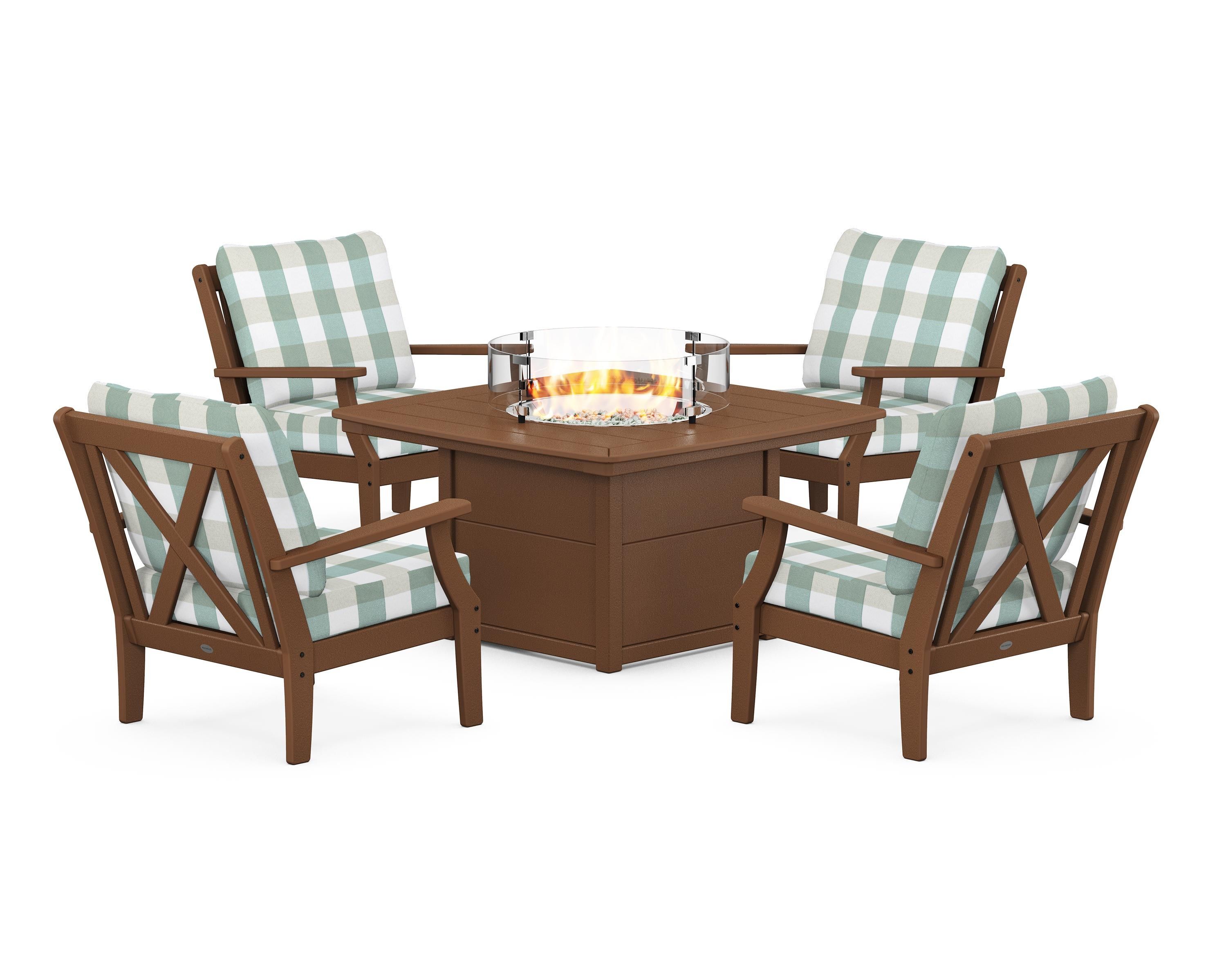 POLYWOOD® Braxton 5-Piece Deep Seating Conversation Set with Fire Pit Table in Teak / Buffalo Plaid Glacier Spa