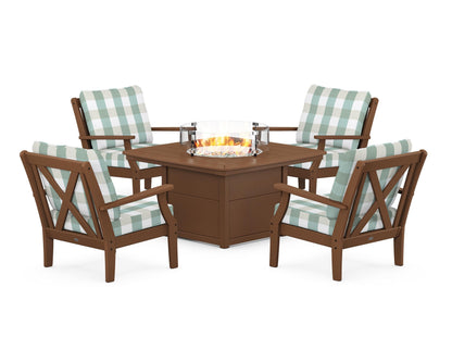 POLYWOOD® Braxton 5-Piece Deep Seating Conversation Set with Fire Pit Table in Teak / Buffalo Plaid Glacier Spa