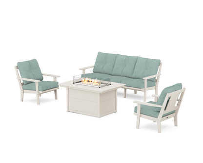 POLYWOOD® Prairie Deep Seating Fire Pit Table Set in Sand / Glacier Spa