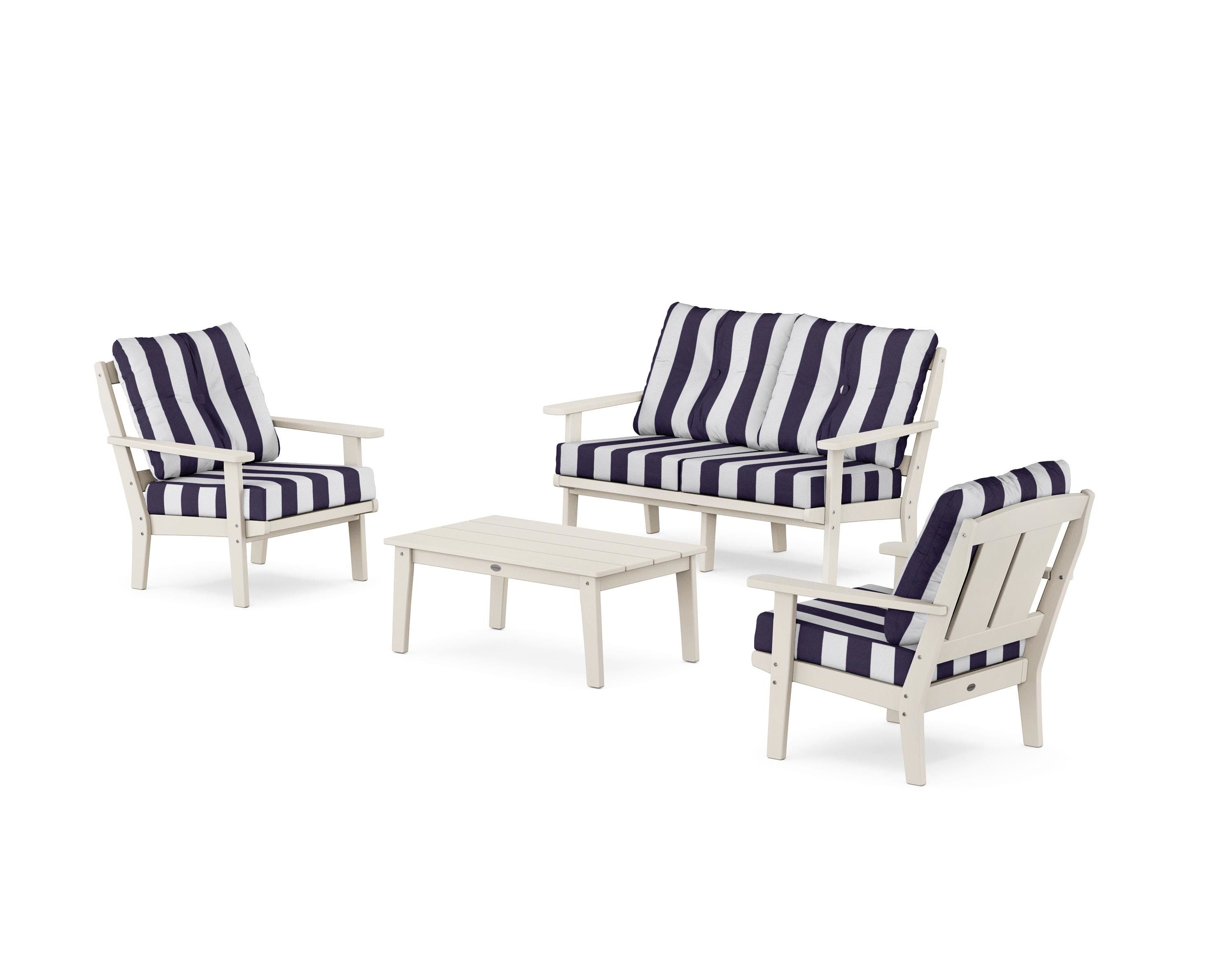 POLYWOOD® Mission 4-Piece Deep Seating Set with Loveseat in Sand / Cabana Stripe Navy