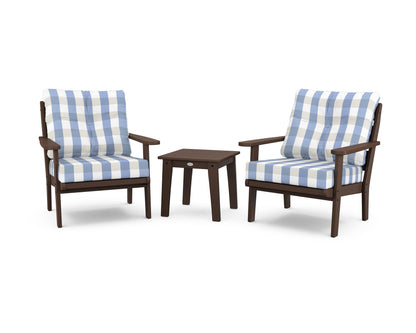 POLYWOOD® Lakeside 3-Piece Deep Seating Chair Set in Mahogany / Buffalo Plaid Sky Blue