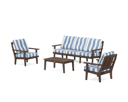 POLYWOOD® Mission 4-Piece Deep Seating Set with Sofa in Mahogany / Cabana Stripe Sky Blue