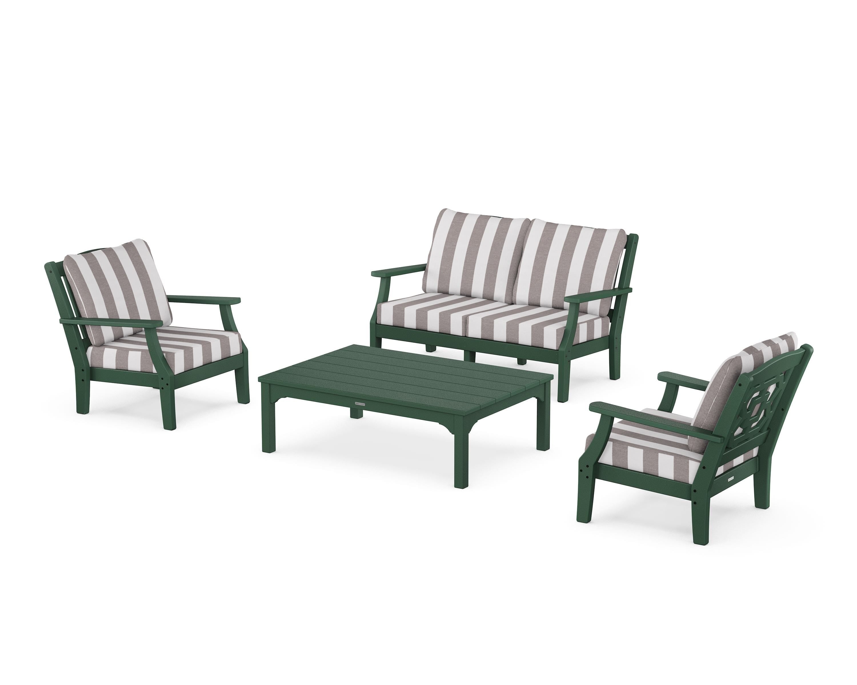 Martha Stewart by POLYWOOD® Chinoiserie 4-Piece Deep Seating Set with Loveseat in Green / Cabana Stripe Grey Mist