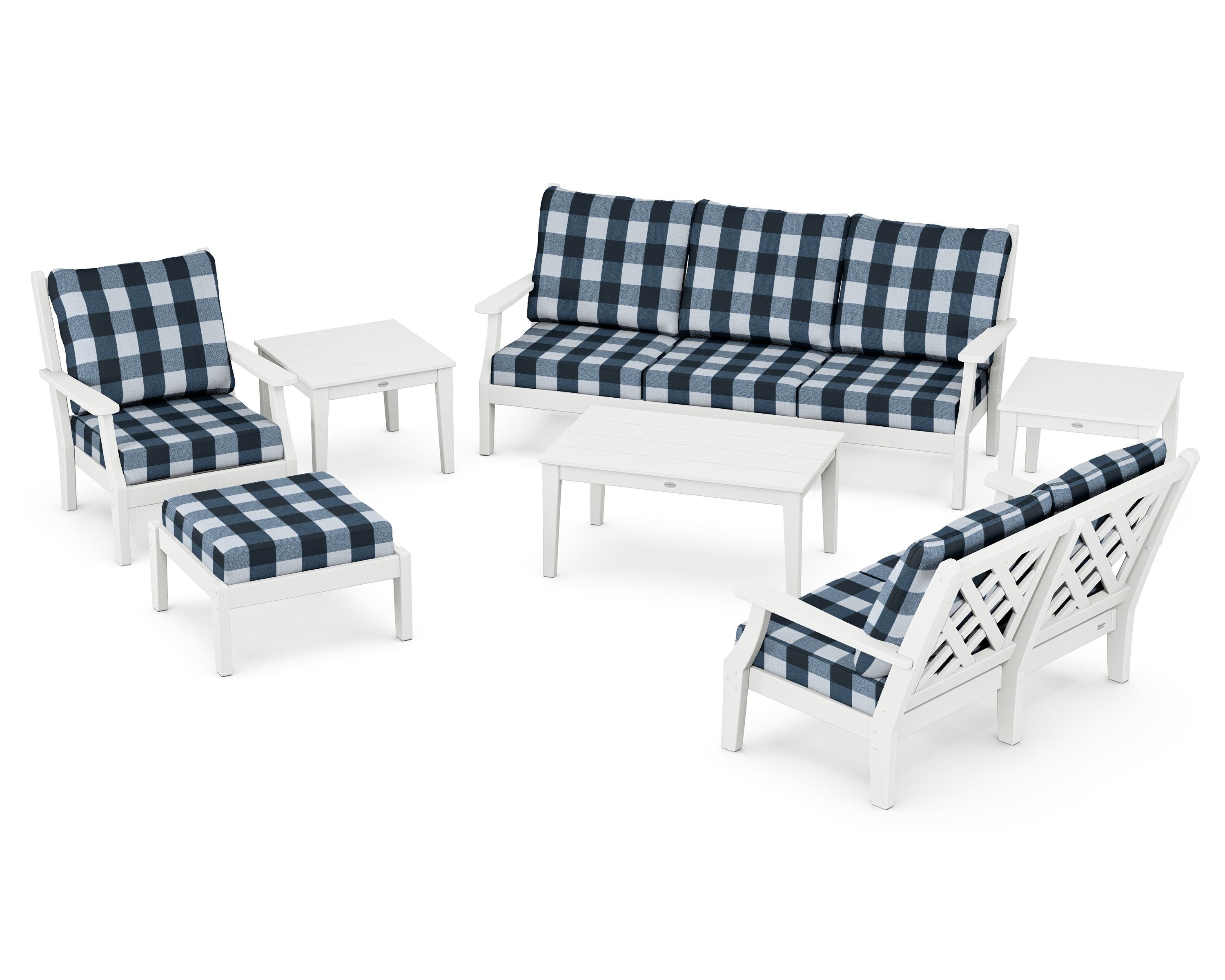 Country Living Wovendale 7-Piece Deep Seating Set in White / Buffalo Plaid Marine Indigo
