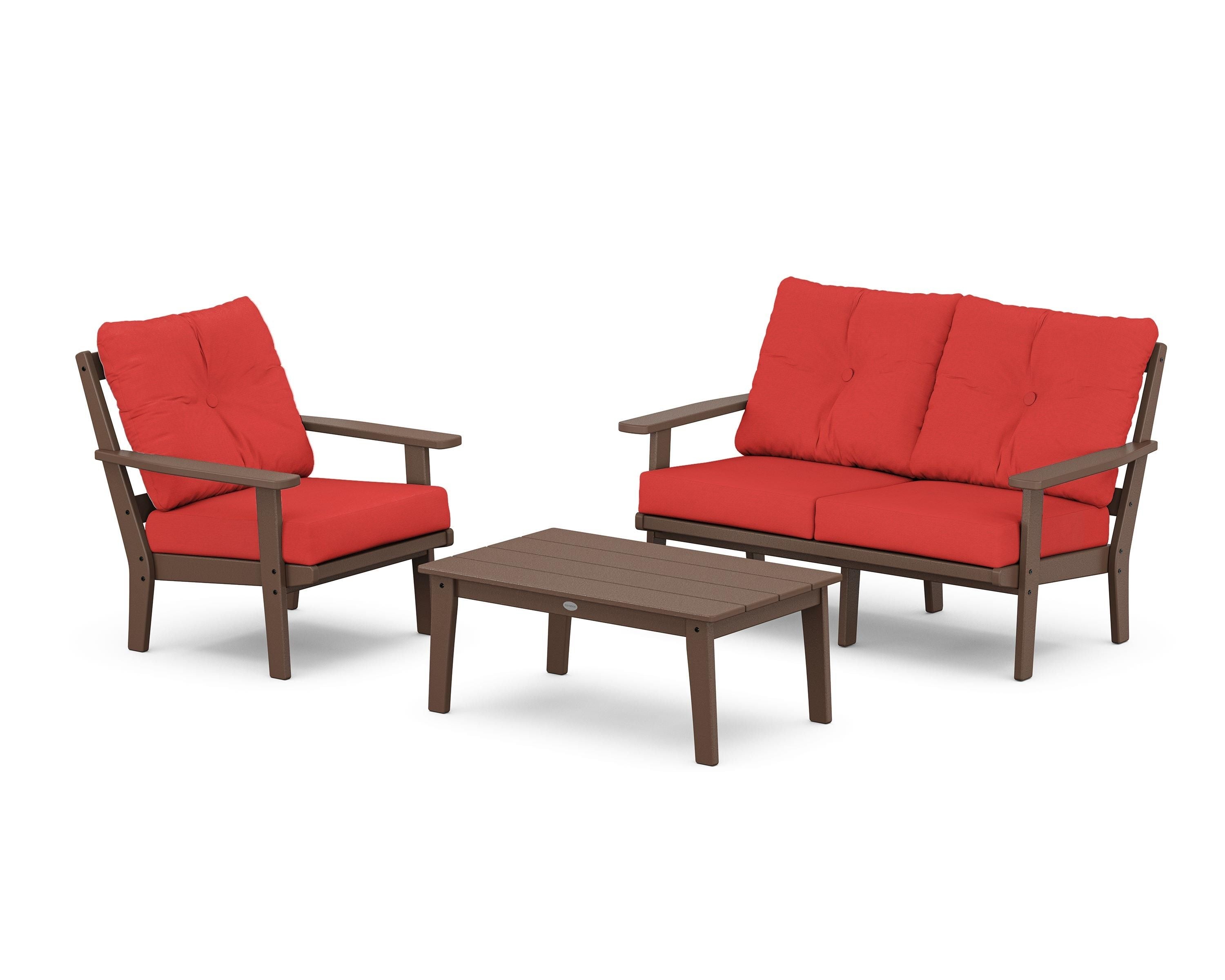 POLYWOOD® Prairie 3-Piece Deep Seating Set with Loveseat in Mahogany / Crimson Linen