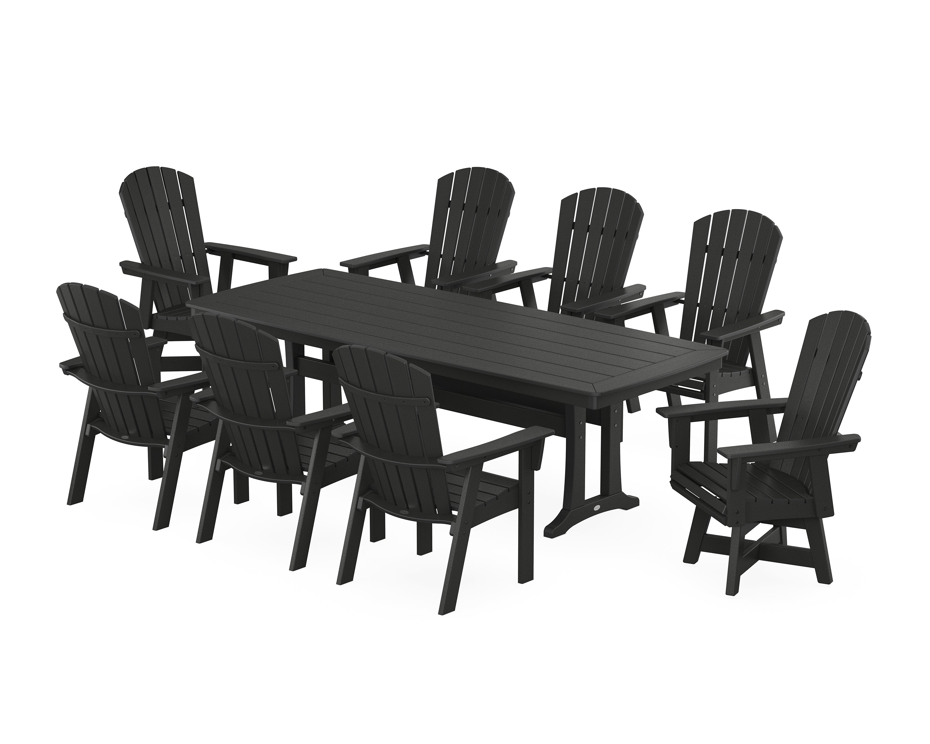 POLYWOOD® Nautical Curveback Adirondack Swivel 9-Piece Dining Set with Trestle Legs in Black