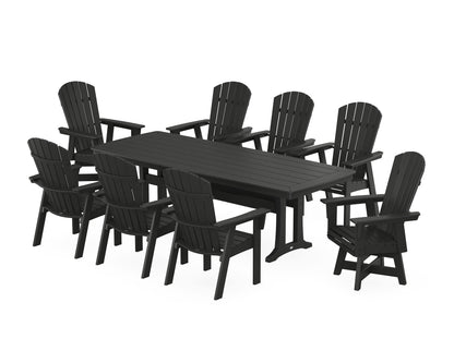 POLYWOOD® Nautical Curveback Adirondack Swivel 9-Piece Dining Set with Trestle Legs in Black